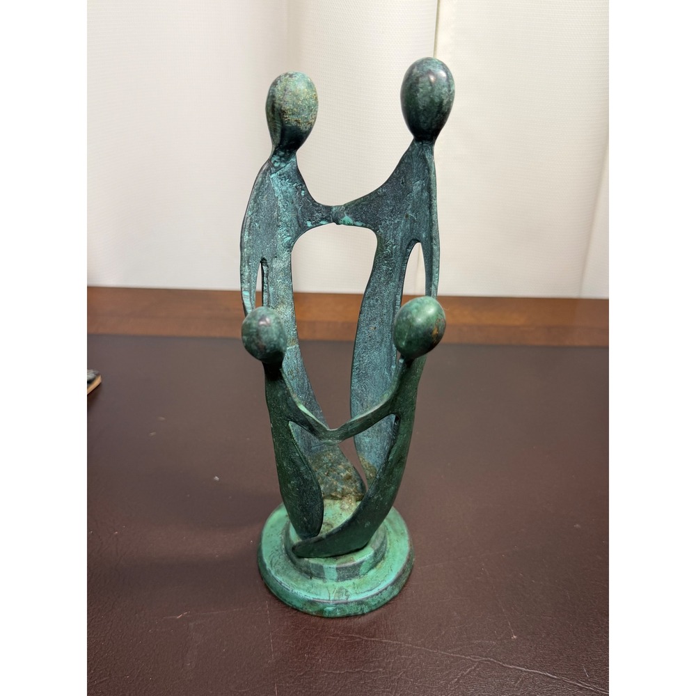 Vintage Abstract Family Circle Bronze Sculpture Verdigris Patina MCM 9.5 Inch
